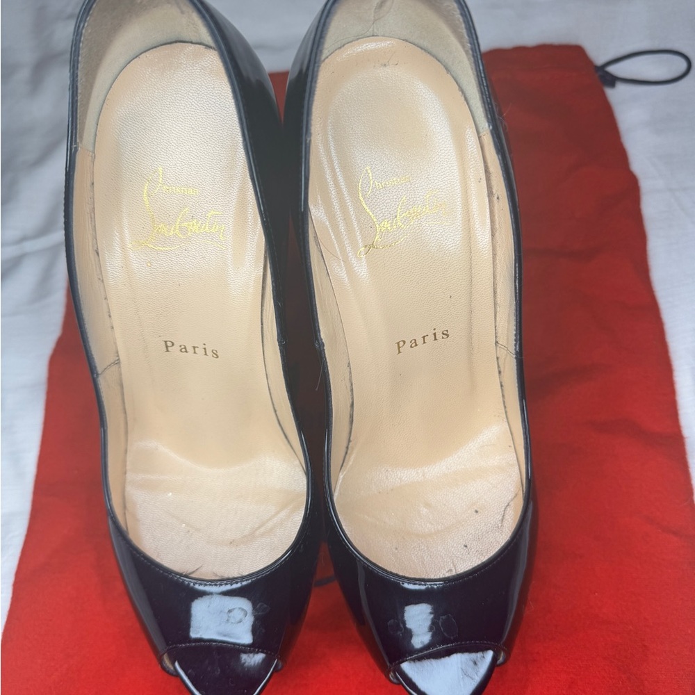 Christian Louboutin Glossy Black Peep Toe Heels - Picture 3 of 8